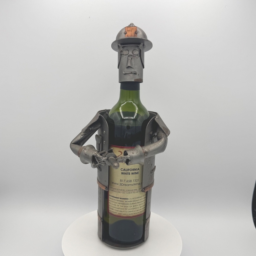 Metal Fireman Wine Bottle Holder Firefighter Caddy Industrial Art Decor
